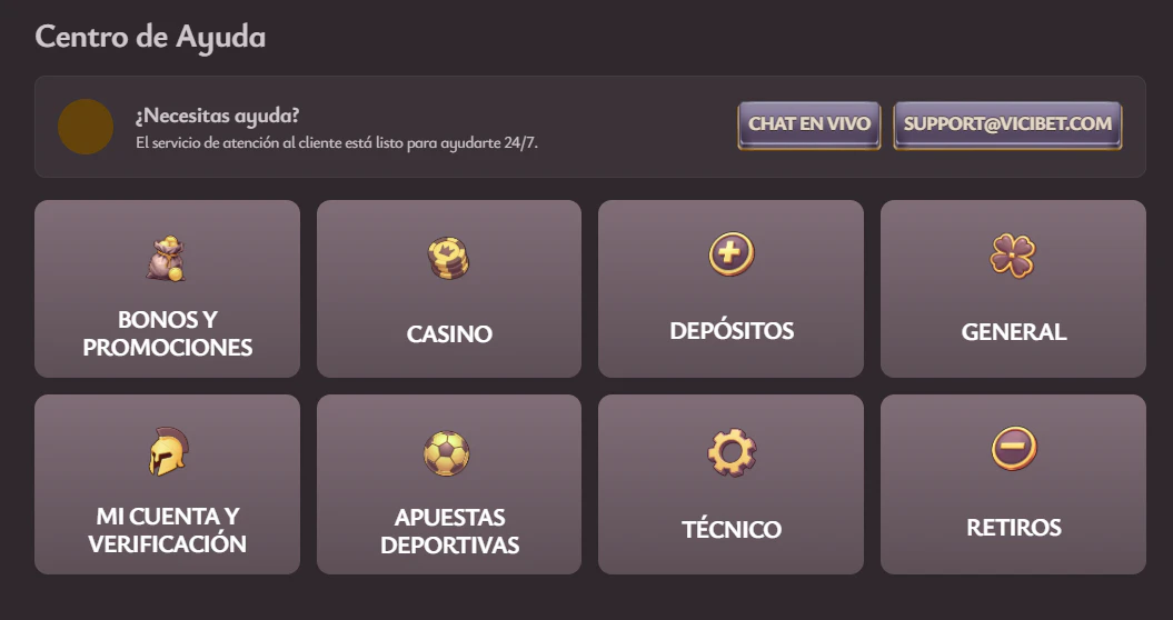 Centro de ayuda y canales de atención para jugadores de Vicibet Casino